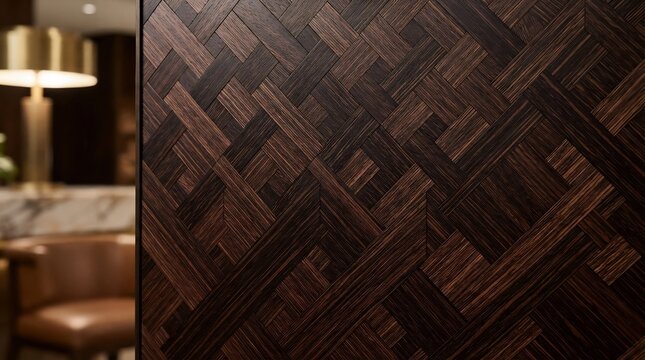 Dark espresso wood paneling with intricate geometric inlay pattern