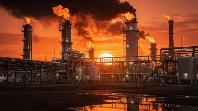 Fiery sunset behind industrial refinery with tall smokestacks burning bright vibrant sky