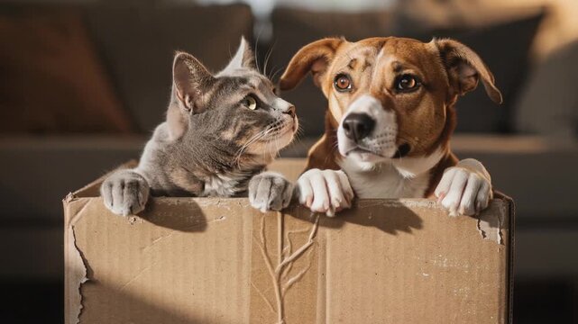 Curious gray cat and brown dog peeking out from worn cardboard box in cozy home setting
