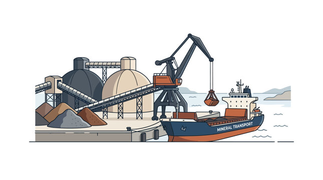 Industrial port scene featuring a large cargo ship being loaded by a crane.