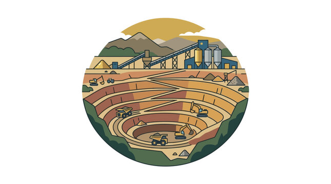 Open pit mining operation with heavy machinery and processing facility.