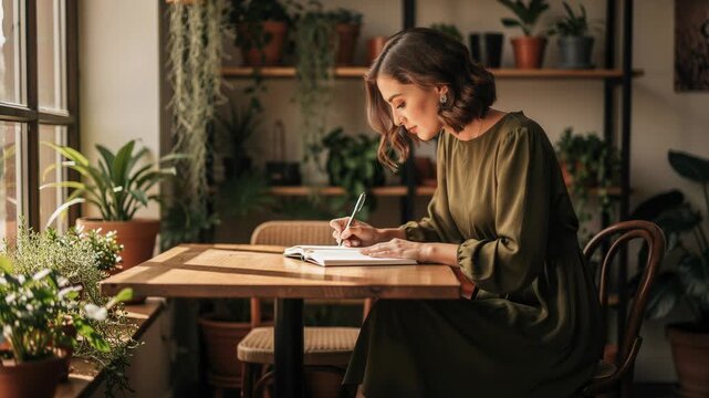 Woman in green dress writing thoughtfully in journal at wooden table in cozy indoor setting