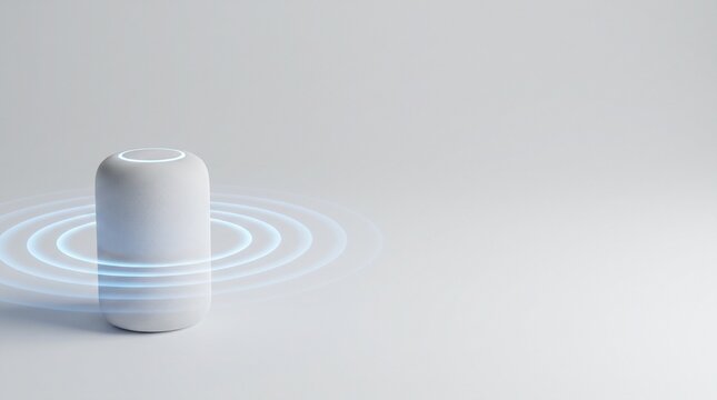 3D White Smart Speaker Blue Sound Rings Copy Space