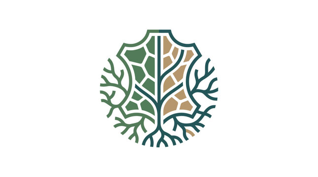A stylized circular icon featuring a tree integrated with a geometric leather hide shape