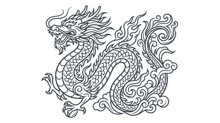 Obraz premium Traditional Chinese Dragon Illustration, Mythical Creature, Asian Art Style, Line Drawing