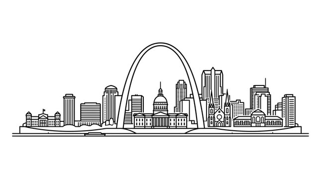 St. Louis Skyline with Gateway Arch - Black and White Line Art Illustration
