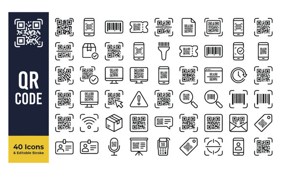 QR Code, Barcode Scanning and Digital Identification Line Icons Set