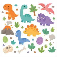 Obraz premium Colorful Cute Dinosaur Characters and Prehistoric Elements Collection Vector Design for Children's Illustration and Educational Media