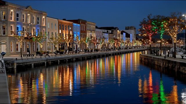 The promenade  with its festive lights and reflections on the water  provides a cosy backdrop for those winter holidays  city life and evening strolls.