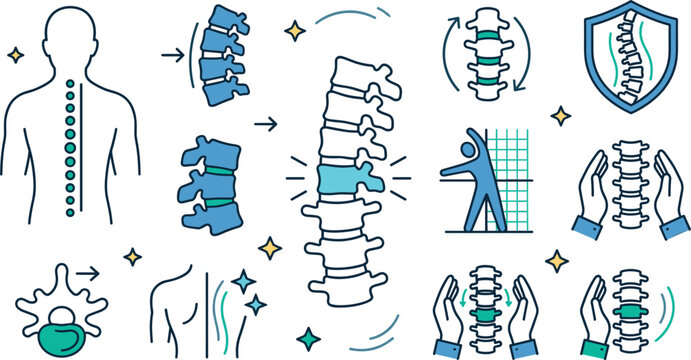 Chiropractic Spinal Care and Physical Therapy Vector Line Art Set Featuring Backbone Alignment Treatment Posture Correction and Vertebra Rehabilitation Diagrams