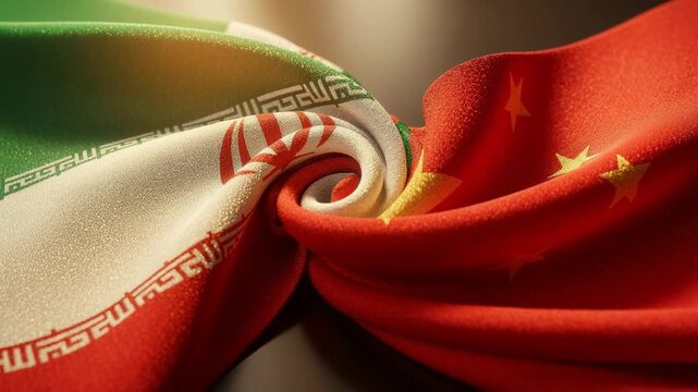 Seamless blend of Iranian and Chinese flags gently twisting together symbolizing unity and harmony