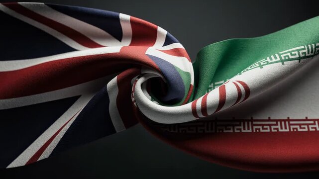 Close up of British and Iranian flags intertwining together symbolizing unity and international relations