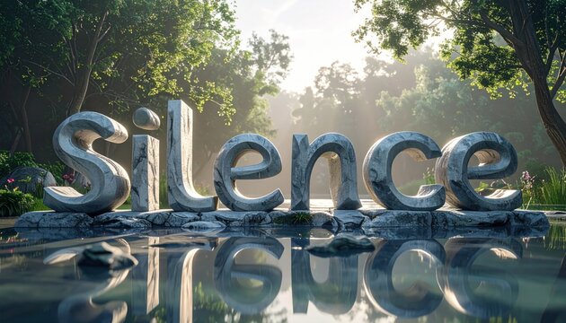 Marble "SILENCE" sculpture reflects in calm water, backed by trees and sunlight