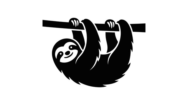 Cute Sloth Hanging on Branch, Black and White Vector Illustration