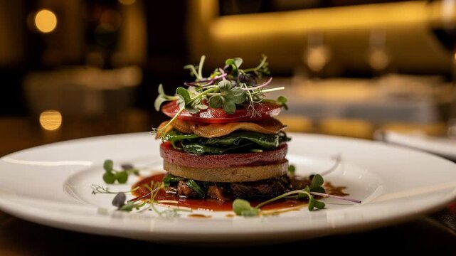 Gourmet layered vegetable dish with fresh microgreens beautifully plated on white background