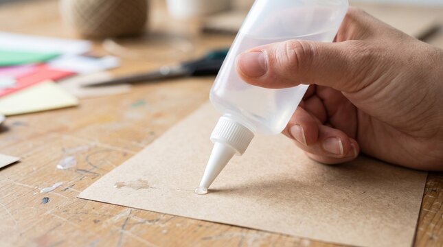 Close up of a hand holding a glue bottle and applying liquid adhesive to brown cardstock for crafting