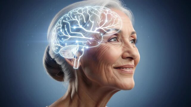 Serene elderly woman with glowing neural network brain overlay symbolizing intelligence and mindfulness