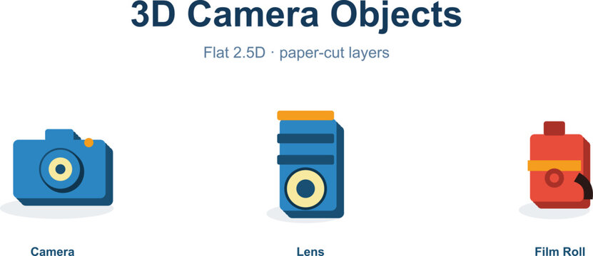 3D camera objects flat design with blue and red colors