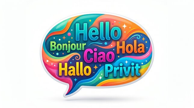 A colorful speech bubble with the words "Hello", "Bonjour", "Hola", "Ciao", "Hallo", "Привіт" &mdash; the photo should be high-quality, sharp and detailed, with an isolated background, rich colors, modern d