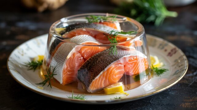 Dishes of Polish cuisine. 
Aspic of salmon (or salmon) is a classic cold festive dish. Tender pieces of boiled fillet, stacked and filled with transparent, frozen fish broth.