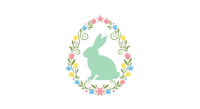 A decorative illustration featuring a pastel rabbit inside a floral egg frame