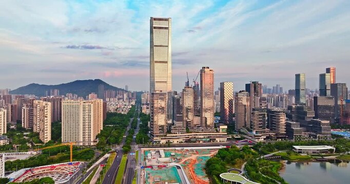 Aerial drone view of modern skyscrapers and city skyline in Shenzhen, China