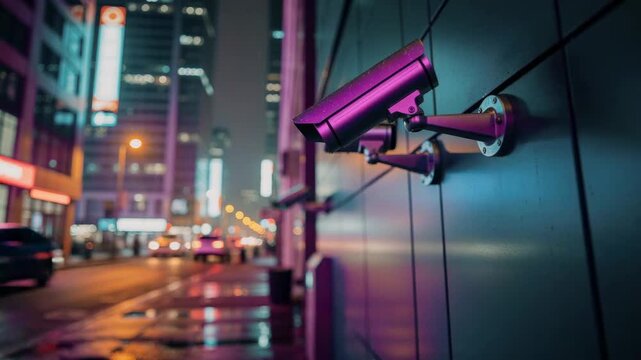 Sleek security camera mounted on rainy city building wall capturing glowing urban night scene