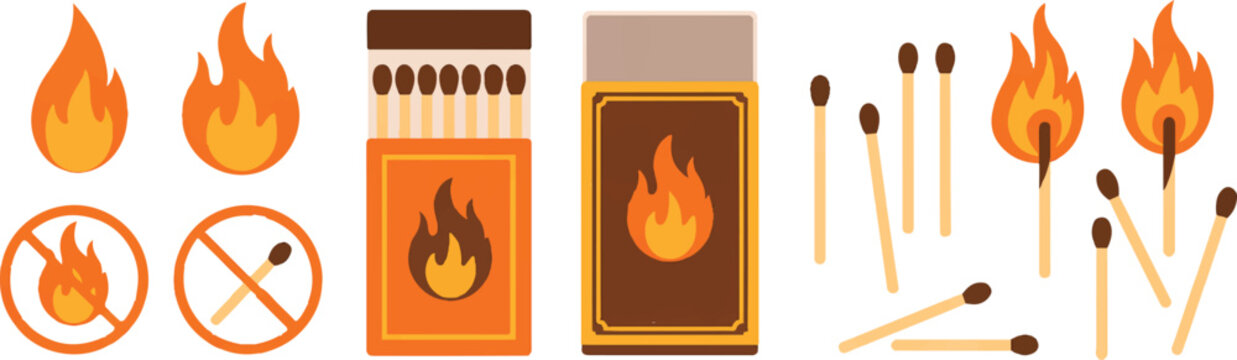 Matchbox and fire icon set featuring burning matches and flame symbols for safety or camping adventure thematic graphic elements.