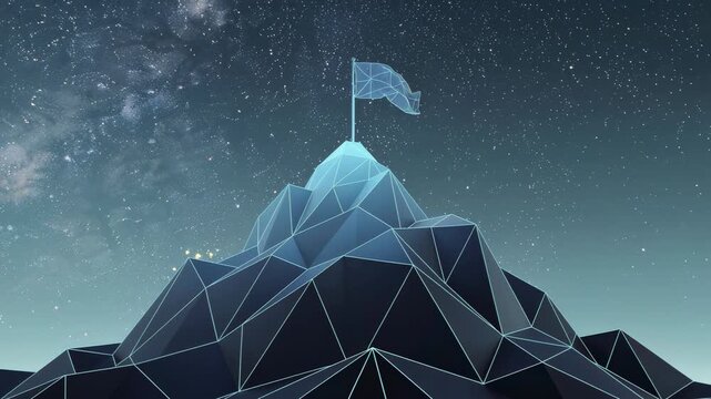Futuristic low poly mountain with glowing edges under a starry night sky as a flag waving