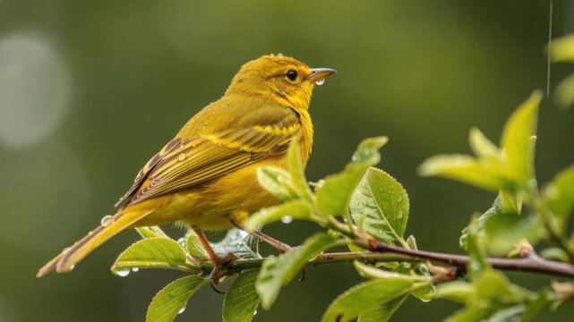 Yellow bird perched on leafy branch with water droplets in rainy green nature background