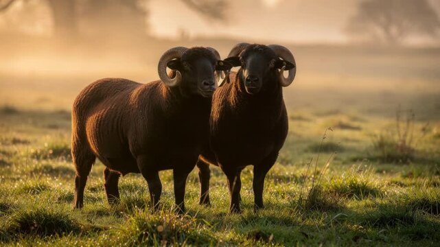 Two black rams standing on green grass in soft morning light with misty background
