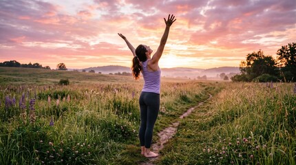 Fototapeta premium Woman with arms raised in a field at sunrise enjoying nature and mindfulness