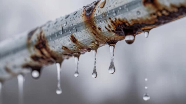 Close up of rusty metal pipe with water droplets and rust spots on a cold rainy day
