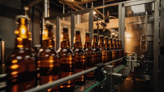Amber beer bottles moving on conveyor belt in modern brewery production line