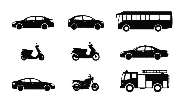 A collection of vehicle silhouettes including cars, motorcycles, and buses on a white background