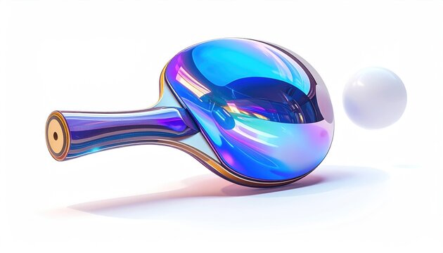 Iridescent ping pong paddle with ball, futuristic, chrome-like, floating on white