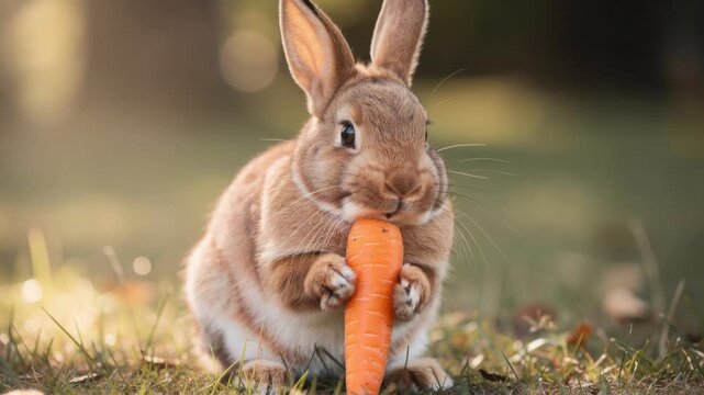 Cute brown rabbit eating fresh orange carrot in natural outdoor setting with soft sunlight