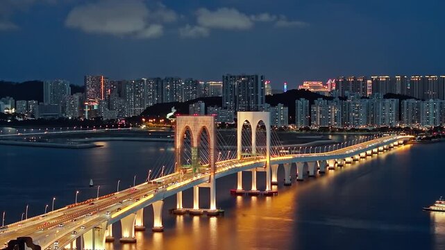 Night view of the illuminated Sai Van Bridge and Macau city skyline across the sea, Macau, China