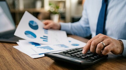 Fototapeta premium Businessman using a calculator to analyze financial charts and business data reports at his desk.