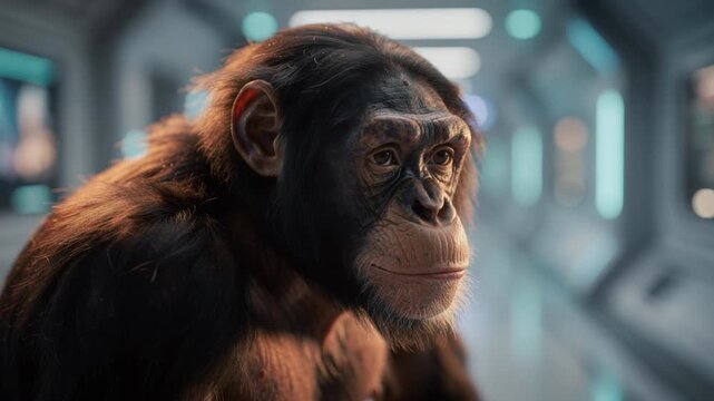 Close up of a thoughtful chimpanzee in futuristic laboratory environment with soft lighting and blurred background