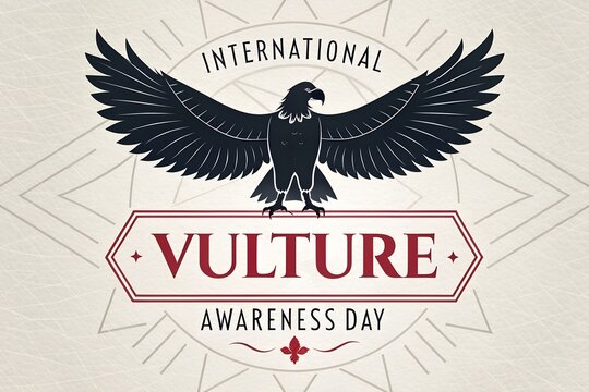 Majestic black vulture silhouette with wings spread wide displayed prominently above a vintage style decorative red and white rectangular banner featuring bold typography for international vulture awa