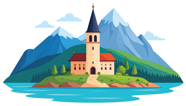 Small church on a lake shore.