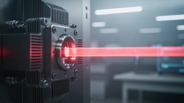 Close up of futuristic laser technology emitting red light beam in modern industrial setting