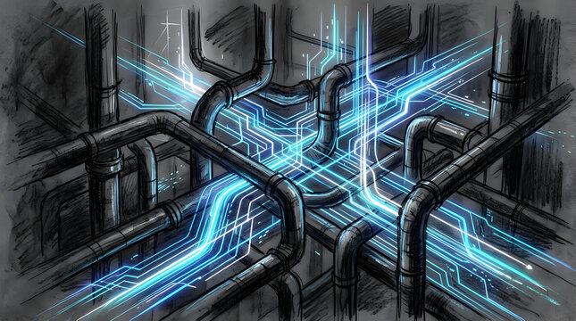 AI Data Center Cooling Pipes in charcoal sketch and digital painting style, representing AI data centers, massive GPU server clusters, power grids, and cooling infrastructure.