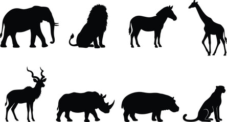 African Safari Animals Silhouette Icons Set Elephant Lion Giraffe Rhino Hippo Vector © MdMehedi