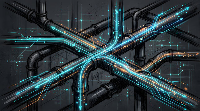 AI Data Center Cooling Pipes in charcoal sketch and digital painting style, representing AI data centers, massive GPU server clusters, power grids, and cooling infrastructure.