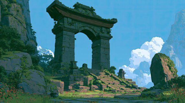 Ancient Stone Gate Archway Surrounded by Green Mountains and Sky