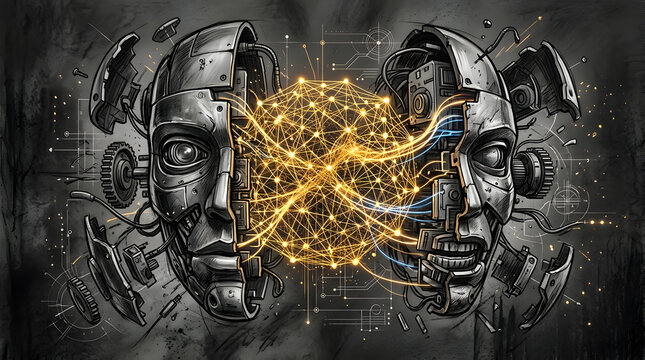 AI Neural Mesh Robot Face in charcoal sketch and digital painting style, representing deconstructed robot face showing exploded view of golden neural network mesh and micro-servos.