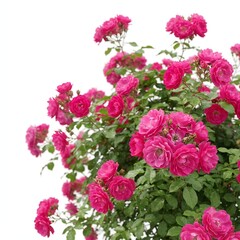 Obraz premium A stunning, high-resolution close-up of a lush Zephirine Drouhin rose bush in full bloom, featuring vibrant magenta-pink petals against a clean, isolated white background.