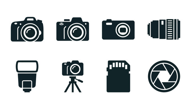 Professional photography equipment icons, 8 black camera and lens vector symbols, digital photo gear collection for web design